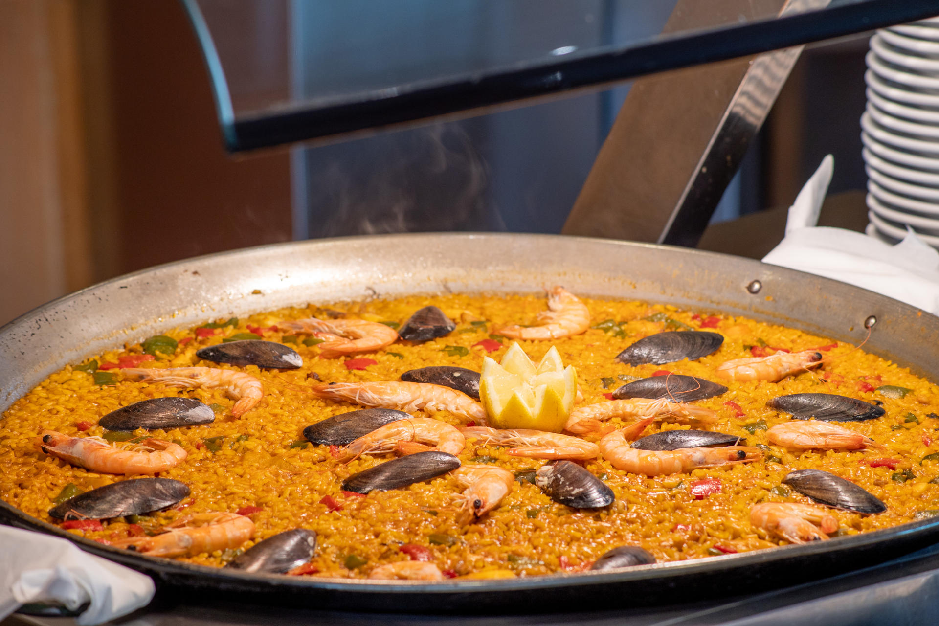 Seafood Paella with shrimp and mussels.