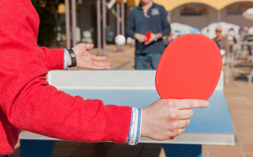 Two men playing a game of ping pong.